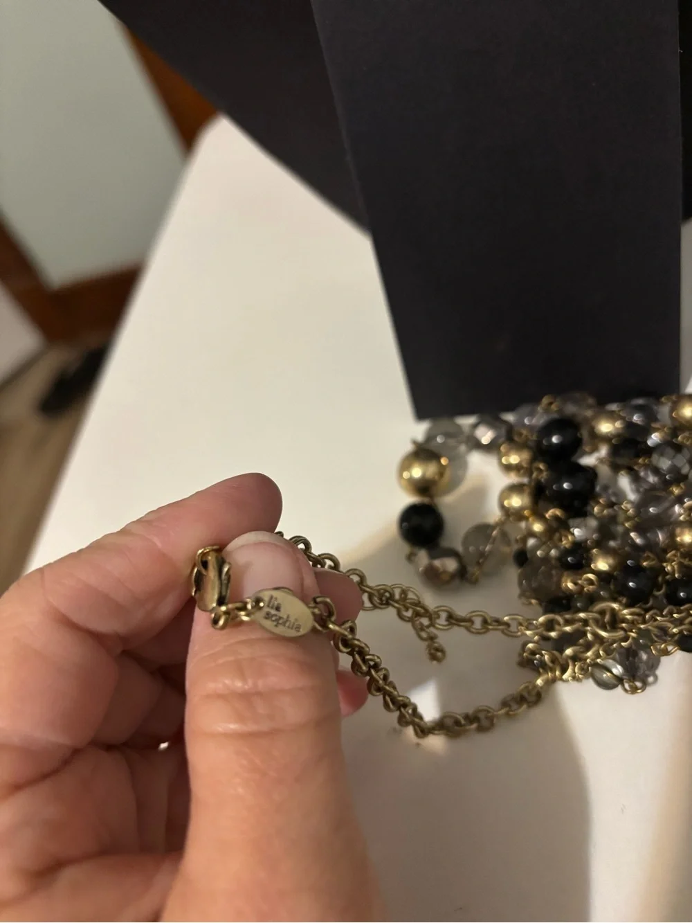 Lia Sophia Multi-Strand Black and Clear Beaded Gold-Tone Statement Necklace